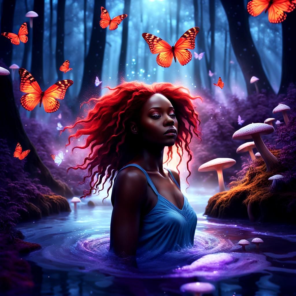 Dreamlike Digital Art: Woman Emerges in Moonlit Forest