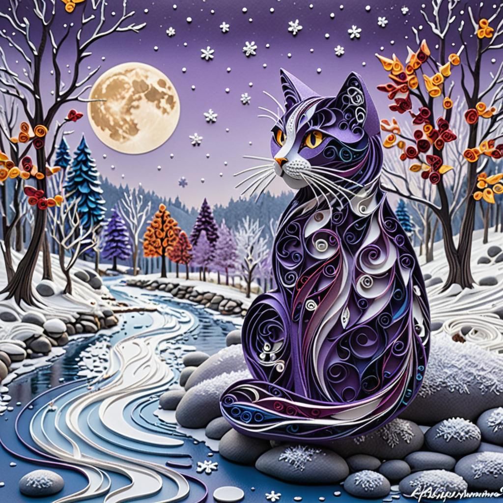 Realistic Quilling Collage of a Purple Cat in Snowy Wonderla...