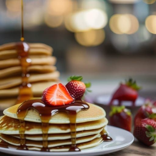Photorealistic Pancakes with Caramel Sauce and Strawberry