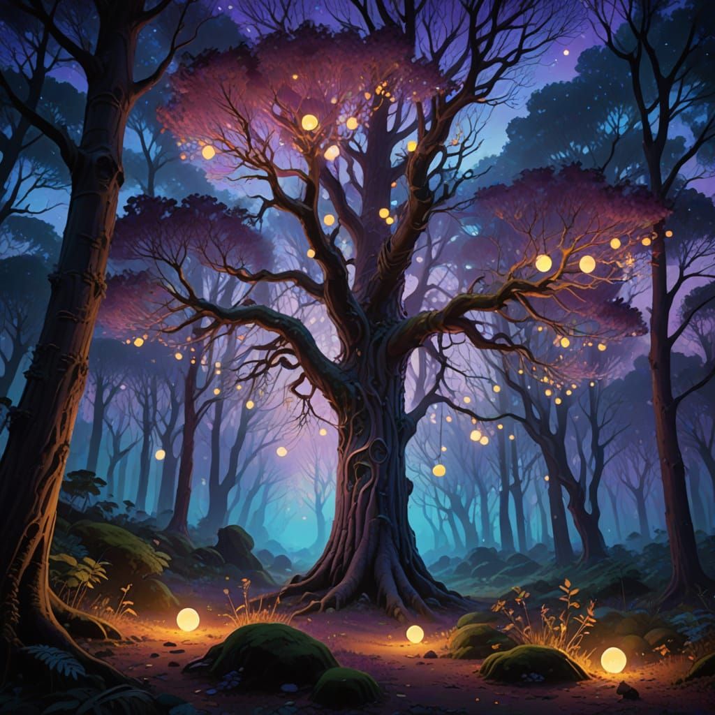 Surreal Tree Glows with Ethereal Orbs in Twilight Forest