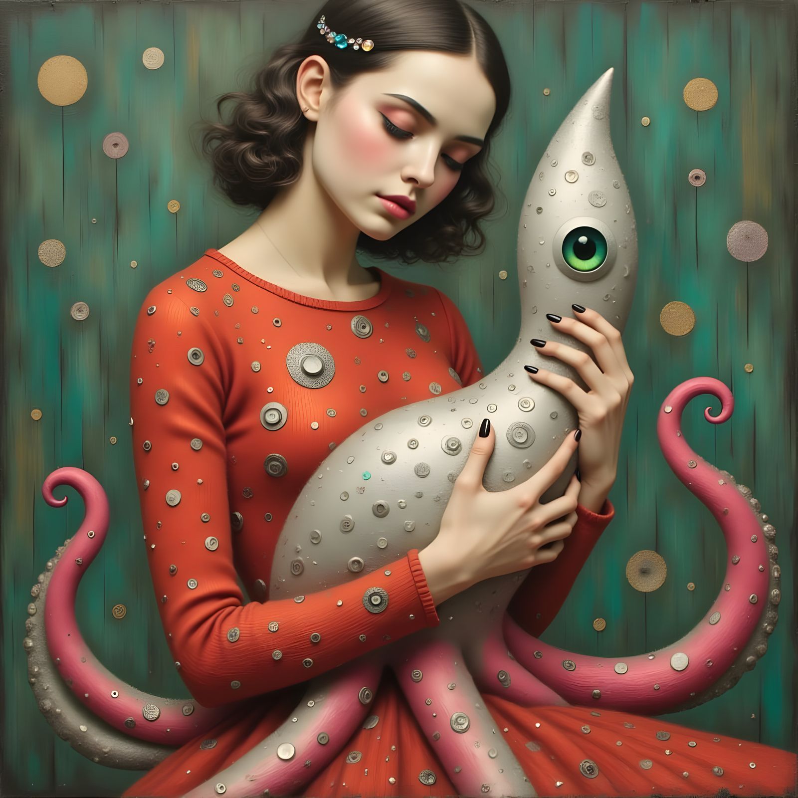 Surreal Woman with Squid-Cat Hybrid in Wool Dress