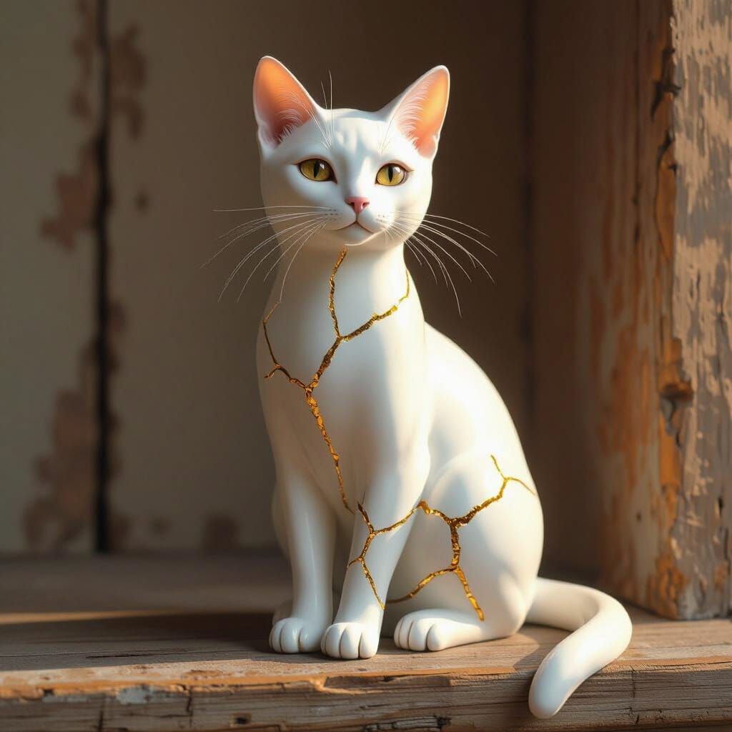 Porcelain Cat with Kintsugi Repairs in Digital Painting Styl...