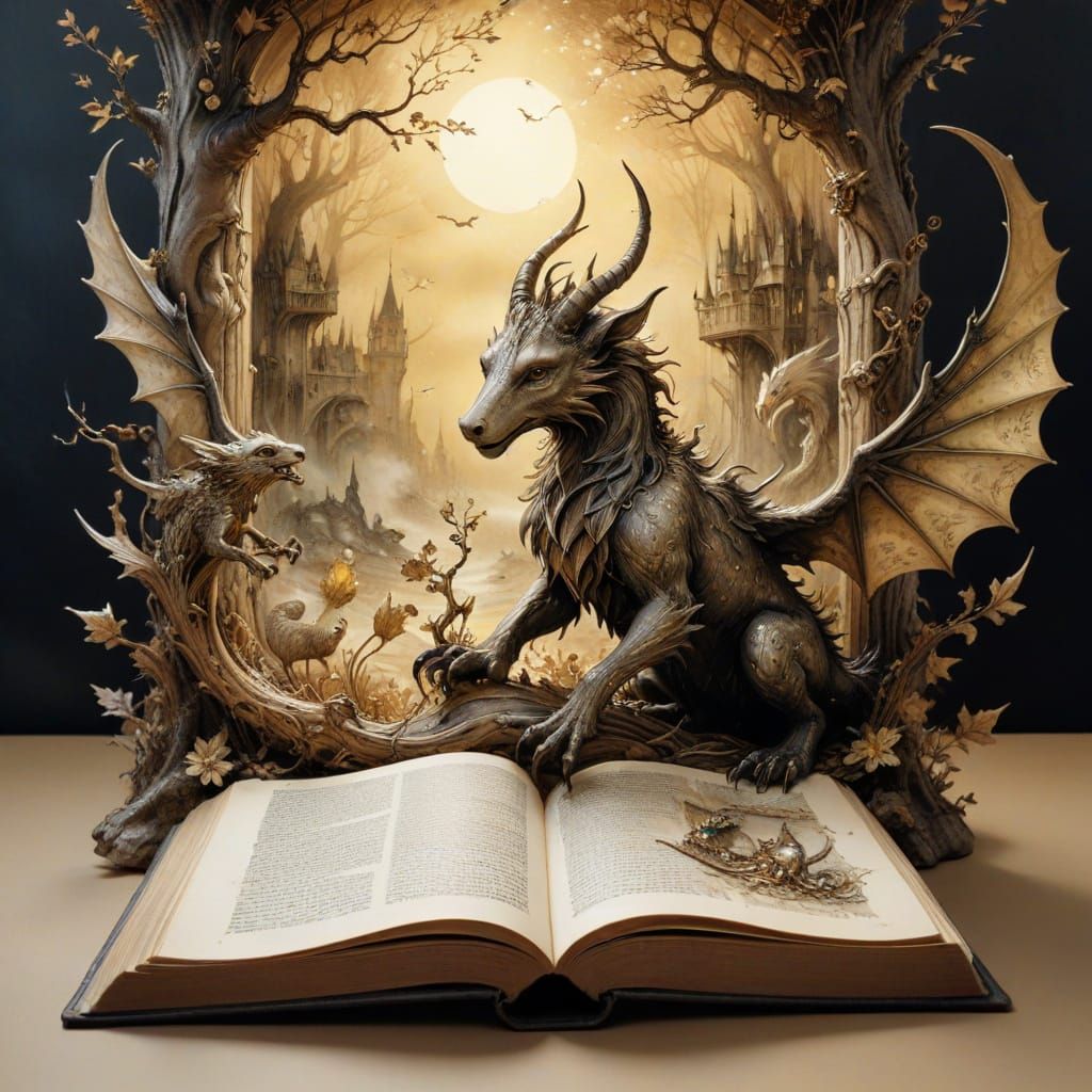 Whimsical Fantasy Illustration of Mythical Creatures Emergin...