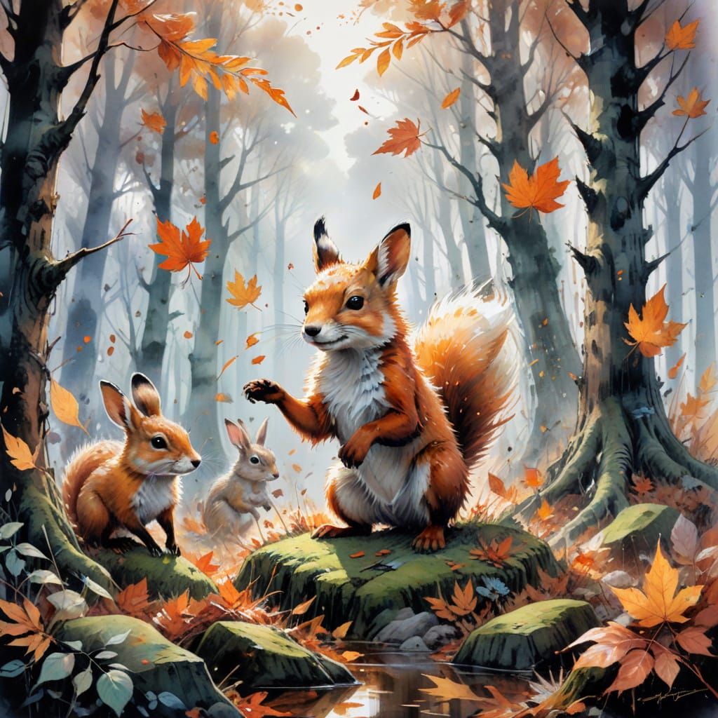 Autumn Forest Friends Playfully Tossing Leaves