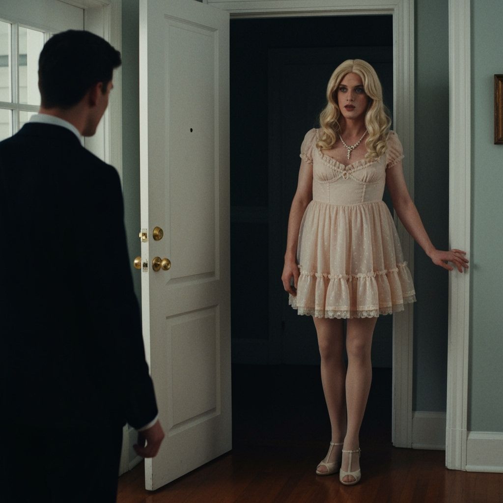 1990s Crossdressed Man Answers Doorway in Babydoll Dress