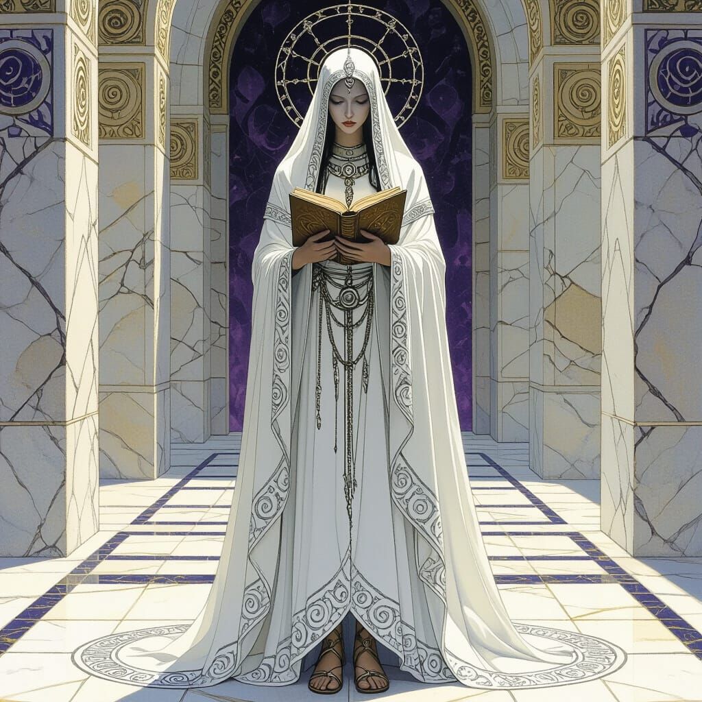 Solemn Woman in Symmetrical Hall, Dark Fantasy Watercolour