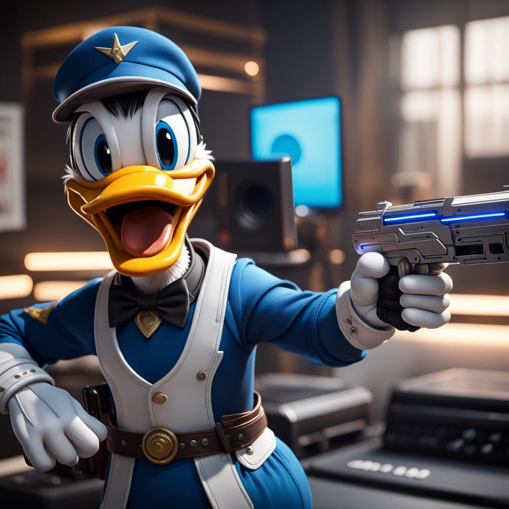 donald duck pointing laser gun  ,big music notes floating,AMD , GeForce RTX, 2TB NVMe M.2 SSD, 6TB HDD ,unreal engine 5 ...