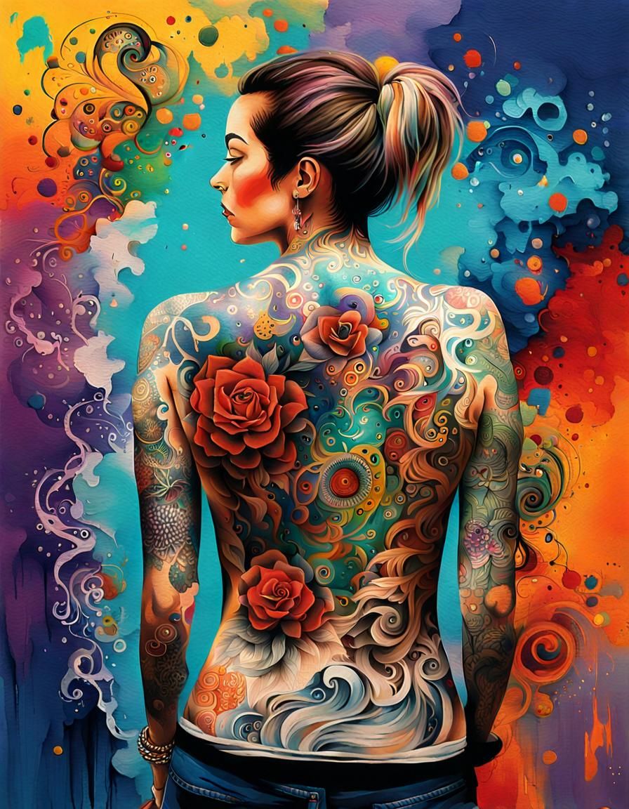 Tattooed Woman Back View in Colorful Graffiti Style