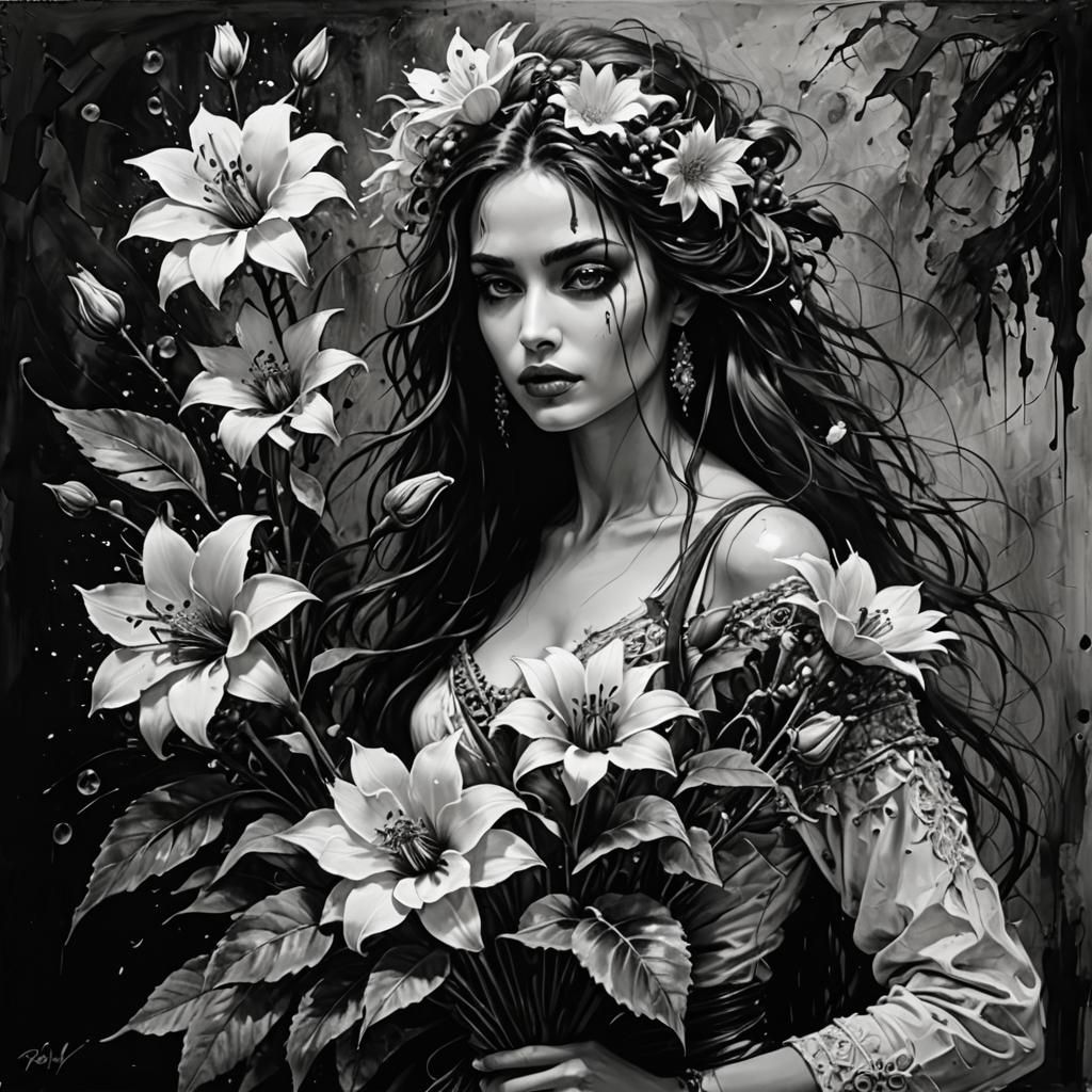 Black and White Portrait with Exotic Flowers as Impasto Pain...