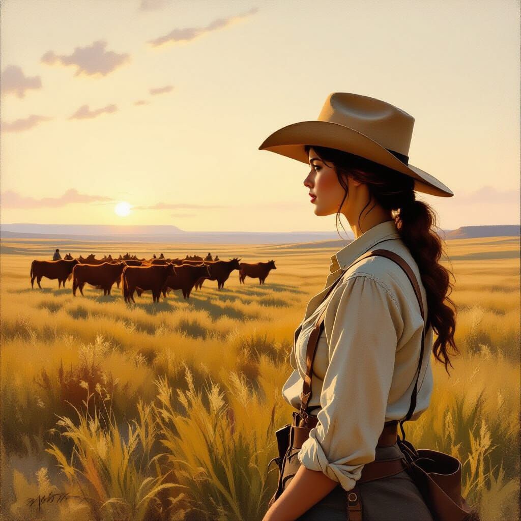 Prairie Vista: Woman and Cattle in Natural Light