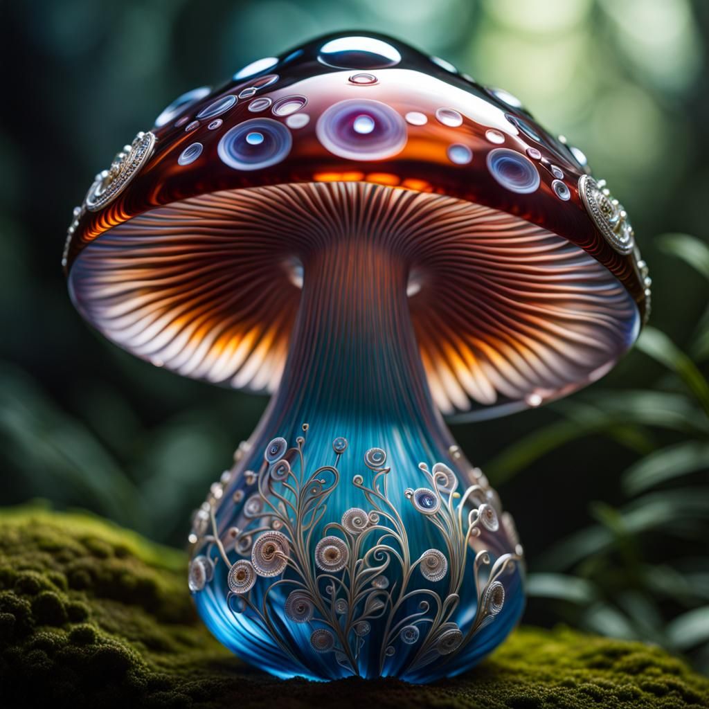 Detailed Glass Mushroom with Ornate Filigree