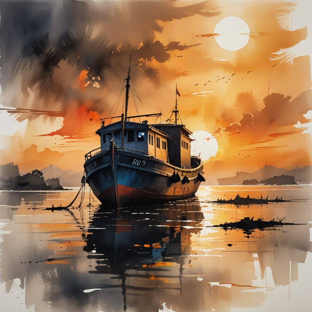 Sunset Harbour: Ink Wash on Rice Paper