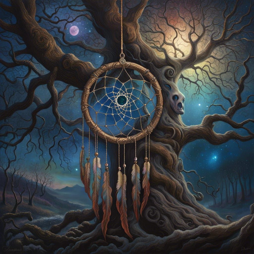 Dreamcatcher Under Starry Night, Hyperrealistic Horrorcore A...