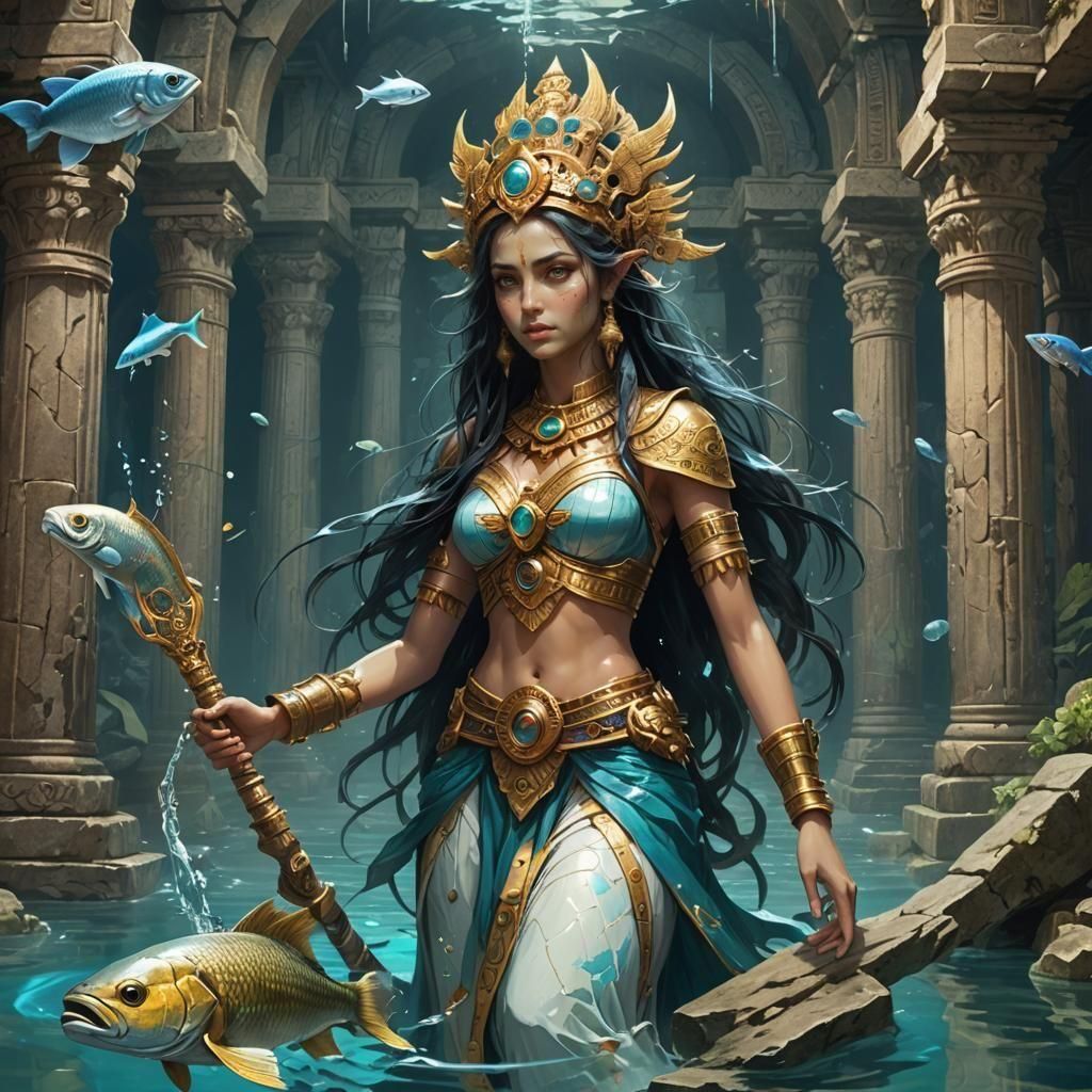 Underwater Goddess in Ancient Temple Ruins