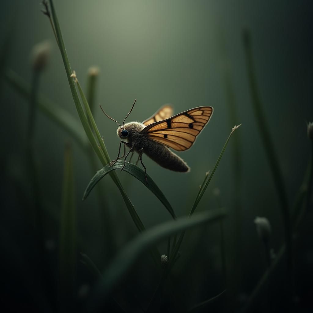 Moth Perched on Grass in Gothic Lit Photography
