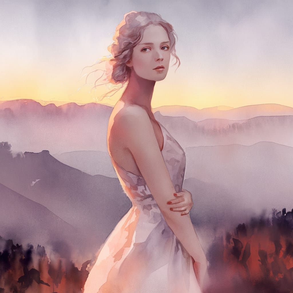 Ethereal Portrait of a Fair-Haired Woman in a Serene Landsca...