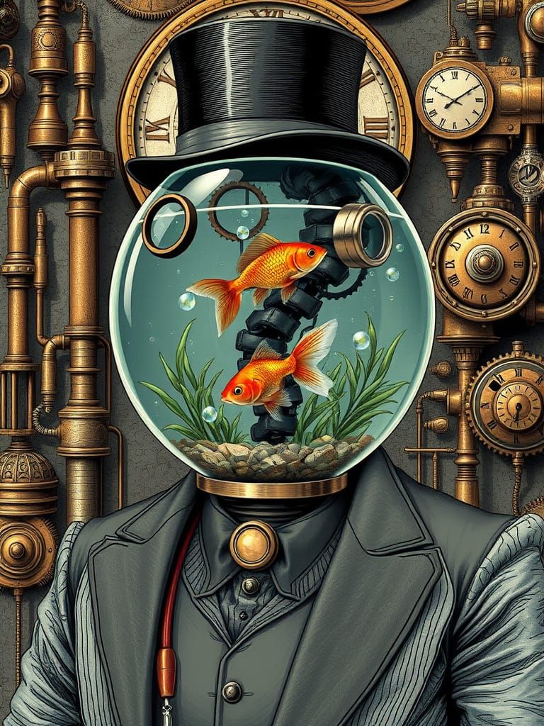 Cyborg Gentleman in Steampunk-Inspired Backdrop with Aquatic...