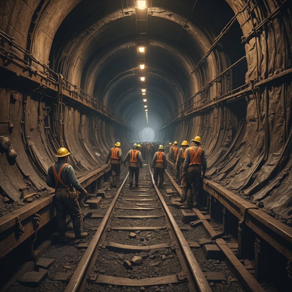 Tunnel Workers Laying Rails: Detailed Matte Painting