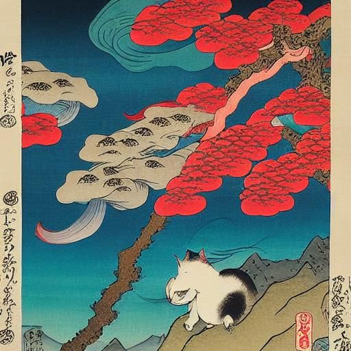 Samurai Cat on Swirling Mountain, Ukiyo-e Print