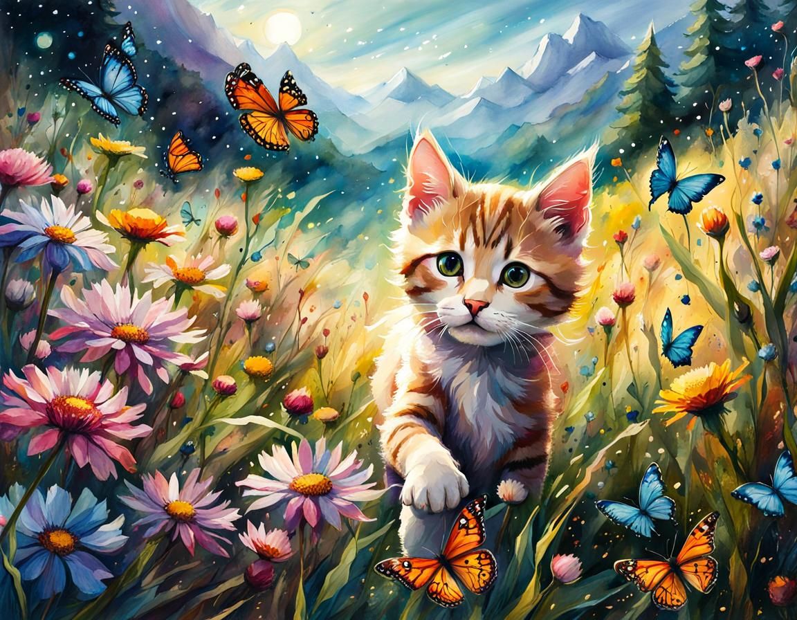 Kitten's Starlit Meadow: Digital Watercolor Fantasy