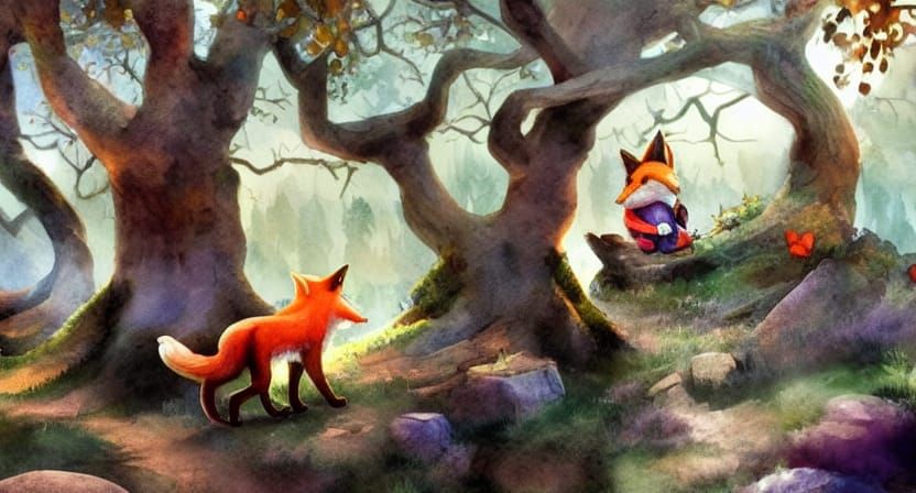 Gnome Rides Fox in Woodland Watercolor Illustration