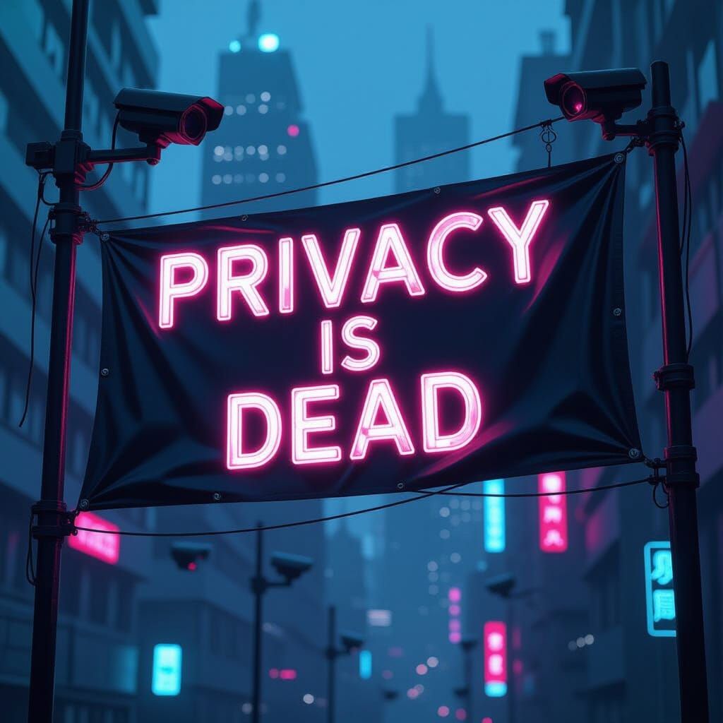 Cyberpunk Banner Waves Ominously Over Dystopian Cityscape