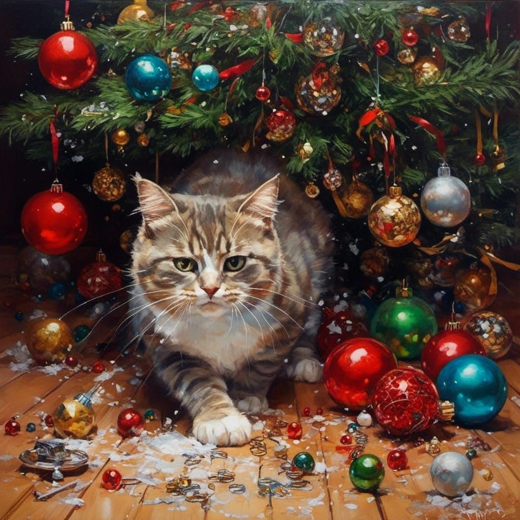 Playful Cat Destroys Christmas Tree: Detailed Painting