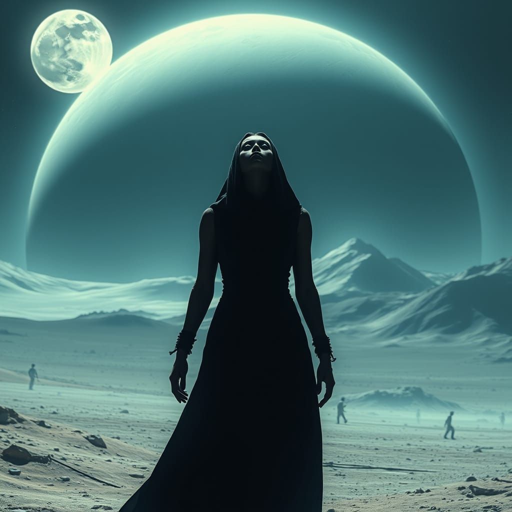 Cosmic Singer on Alien Planet Under Twin Moons