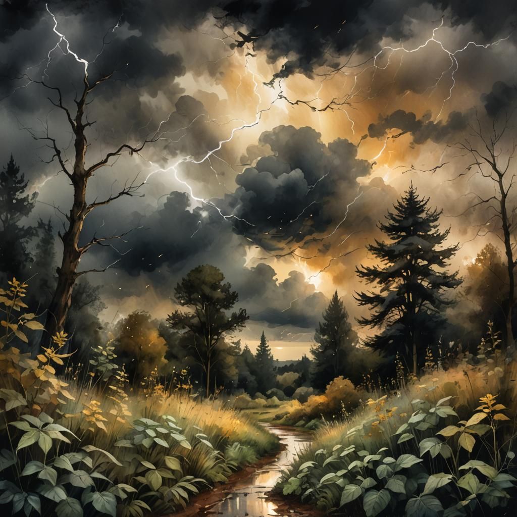 Stormy Sky Over Woodland Garden in Watercolor