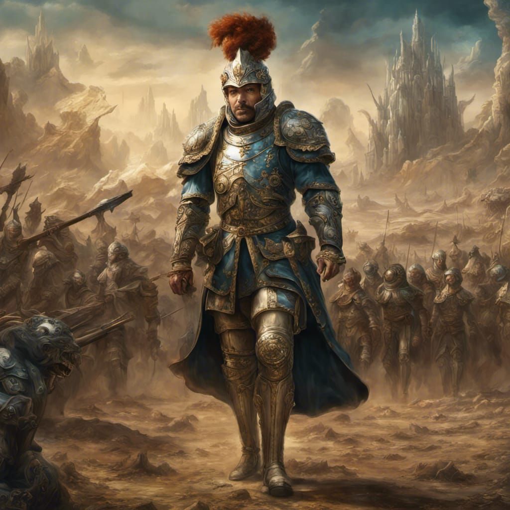 Heroic Leader in Renaissance-Style Alien Landscape