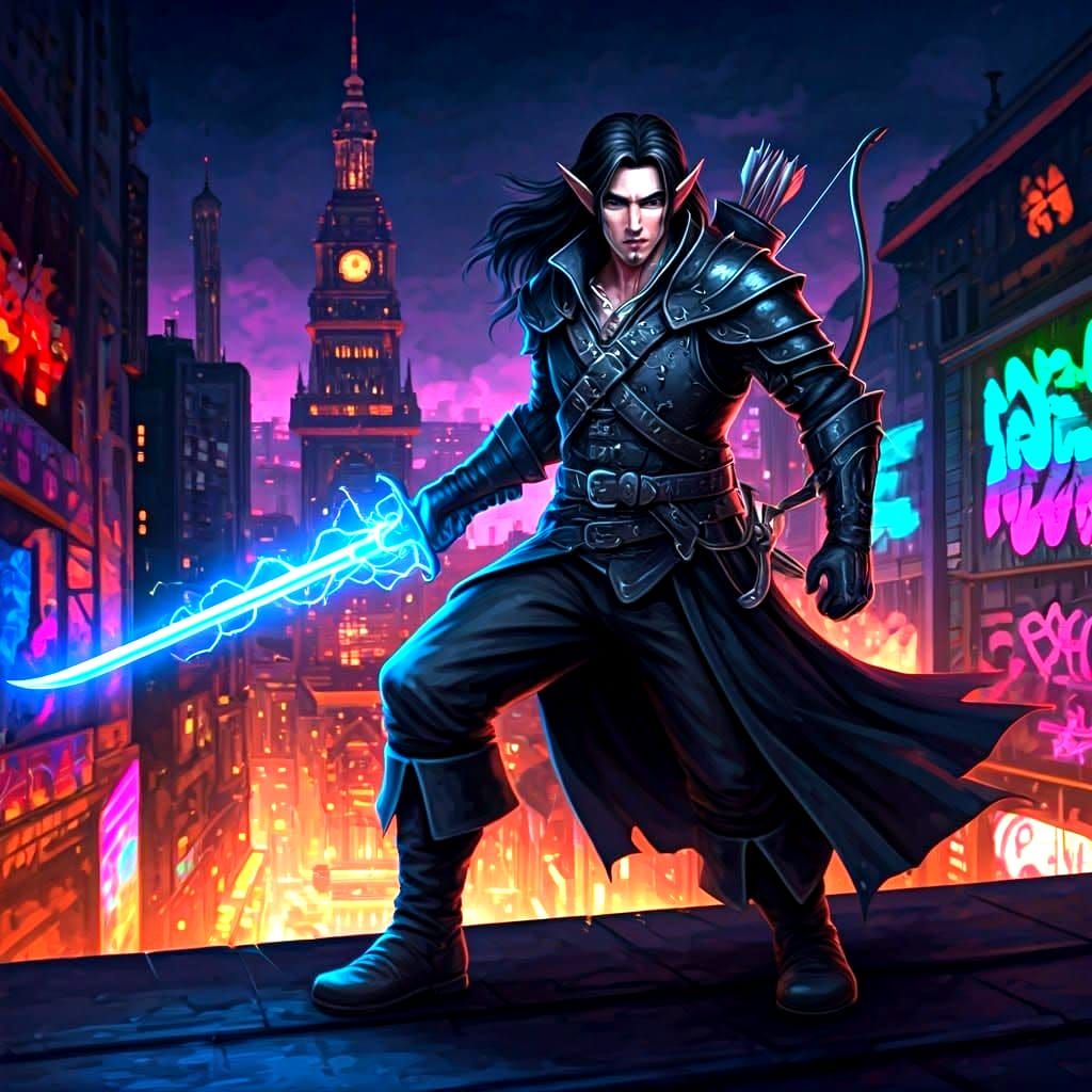 Half-Elf Rogue on Rooftop in Graffiti Art Style