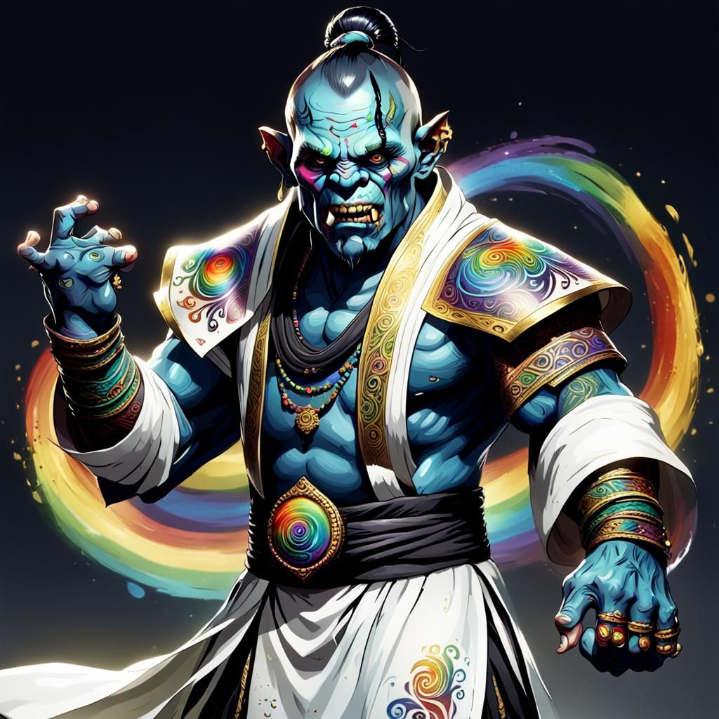 Noble Blue Orc Monk with Rainbow Robe