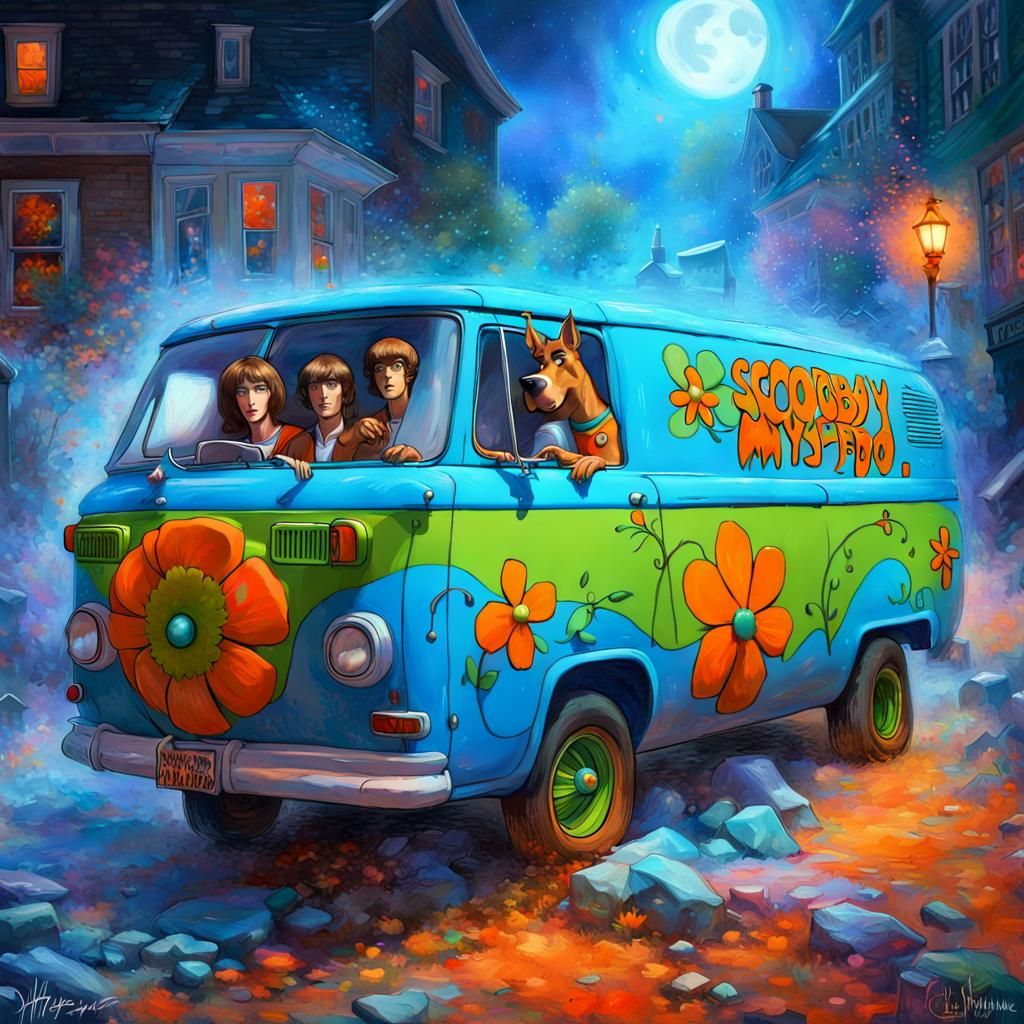 The Scooby-Doo "Mystery Machine" is a blue van painted with orange flowers and green details in 60's style, parked in ma...