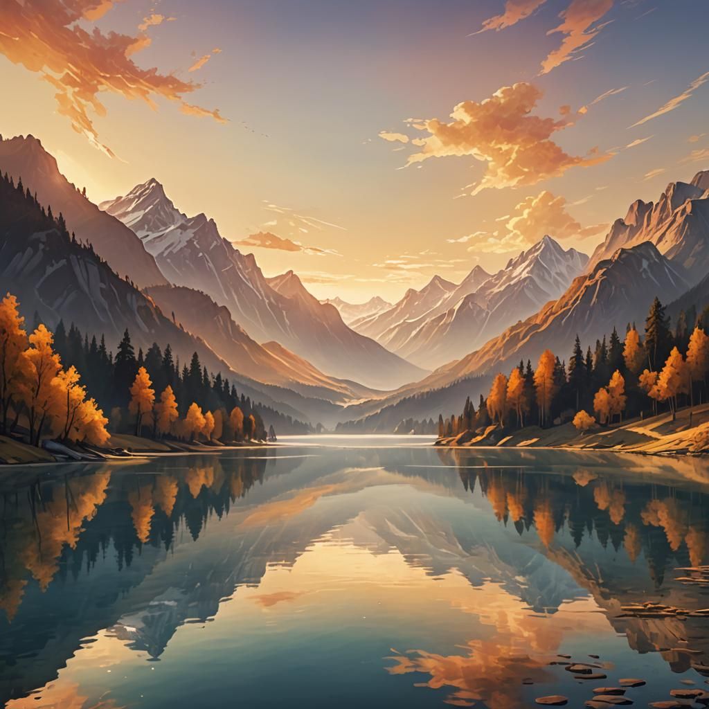 Serene Sunset Lake in Dreamy Digital Landscape Art