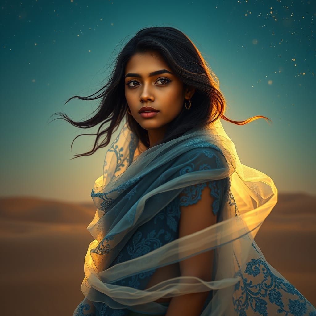 Jharkhand Woman in Dreamlike Desert, Alphonse Mucha Style