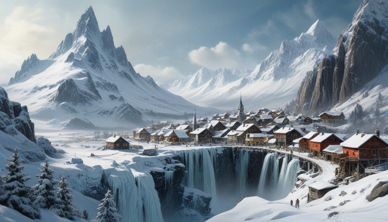 Snowy Surrealist Village Scene in Vibrant Oil Painting Style