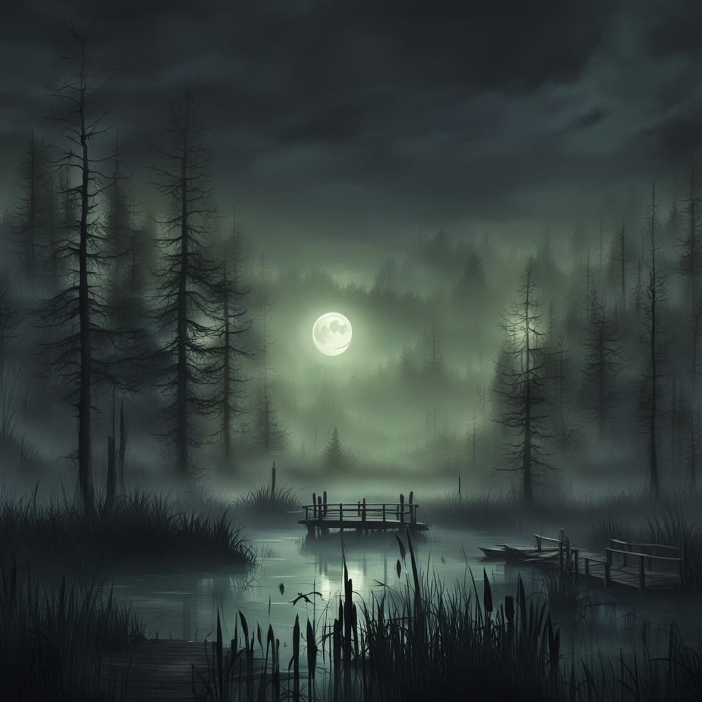 Dark Swamp Boardwalk Scene in Epic Fantasy Style