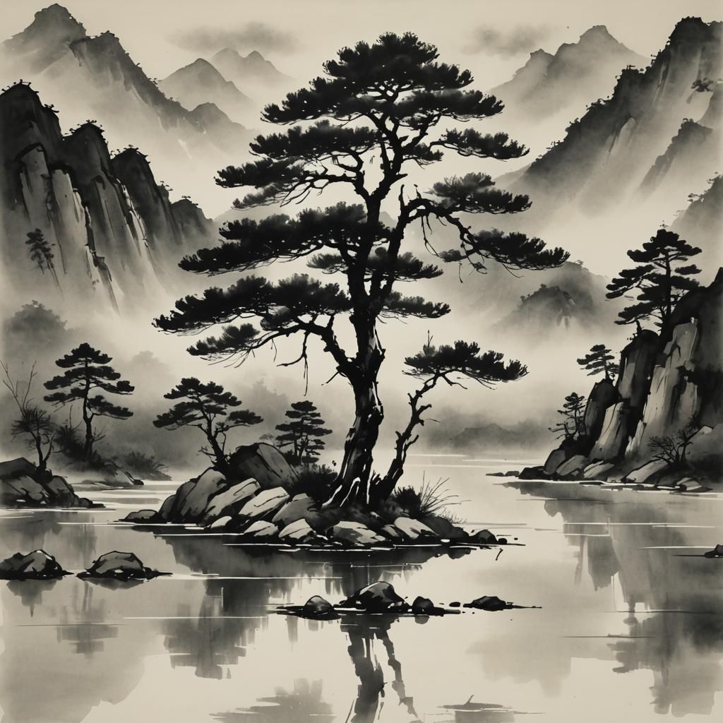 Minimalist Chinese Ink Painting of Lone Pine