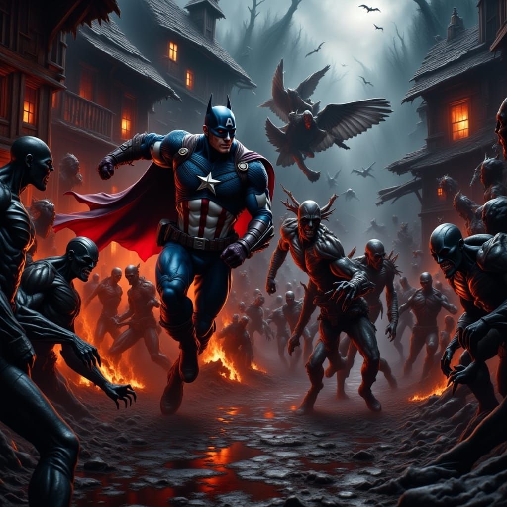 Captain America and Batman Battle Zombies in Dilapidated Vil...