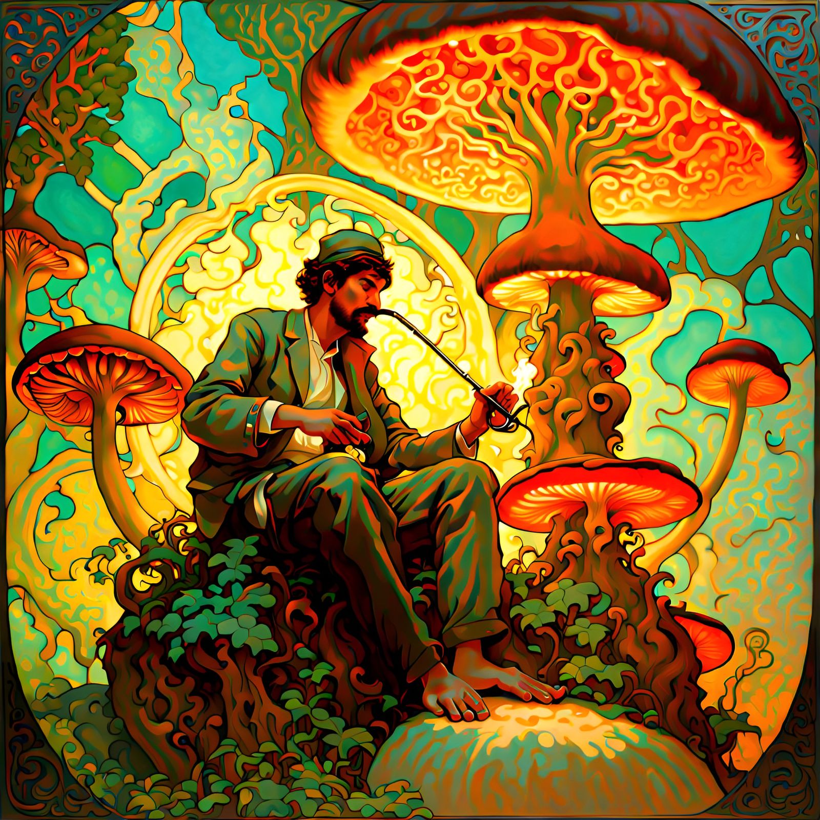 Man on Mushroom in Art Nouveau Style