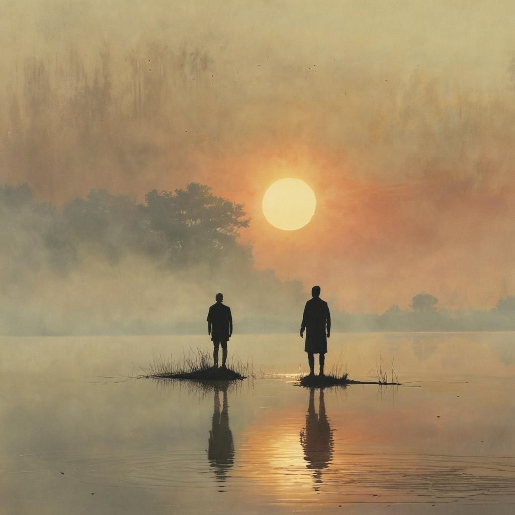 Ethereal Surrealist Portrait at Misty Lake in Watercolor