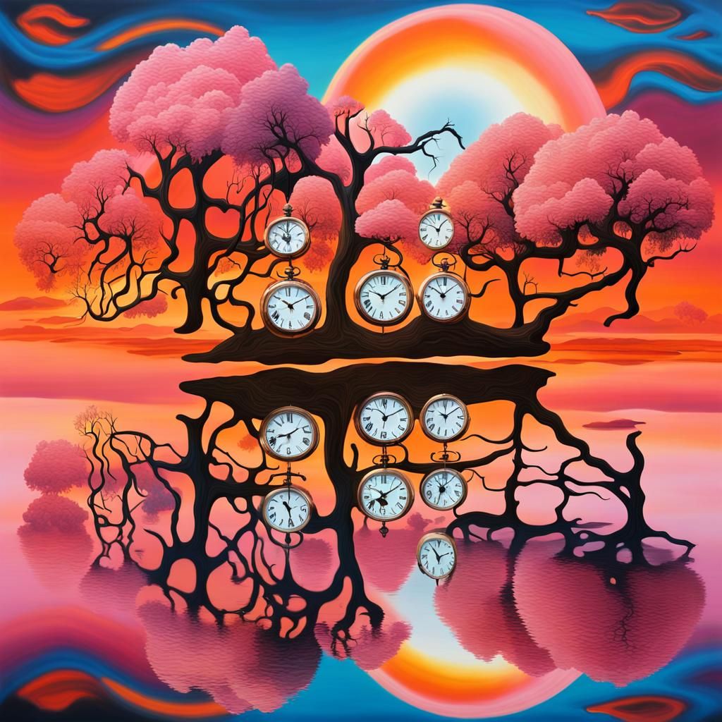 Surreal Melting Clocks in Mirrored Sky