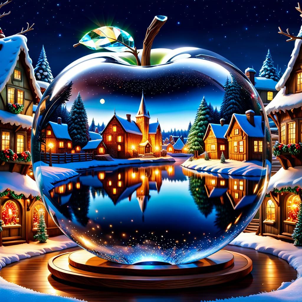 Crystal Apple Reflecting a Winter Village
