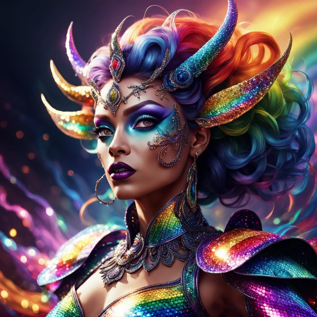 Vibrant Rainbow Demon in Dramatic Drag Queen Pose