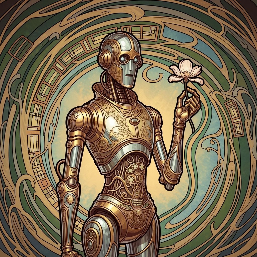 Art Nouveau Robot Holding a Flower