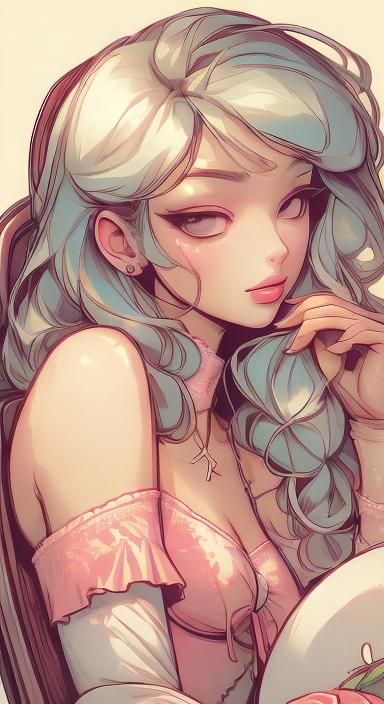 Portrait of Girl in Lace Dress, Kawaii Cartoon Style