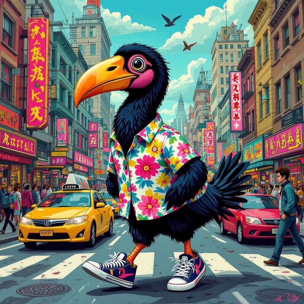 Dodo Bird Navigating Metropolis in Whimsical Style
