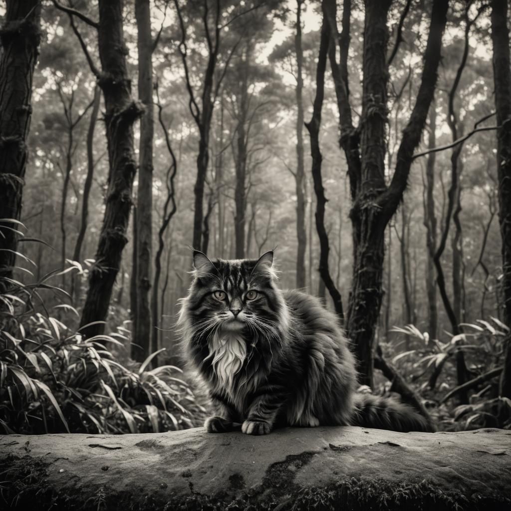 Surreal Cat in Forest Ocean, Dali Style Photo