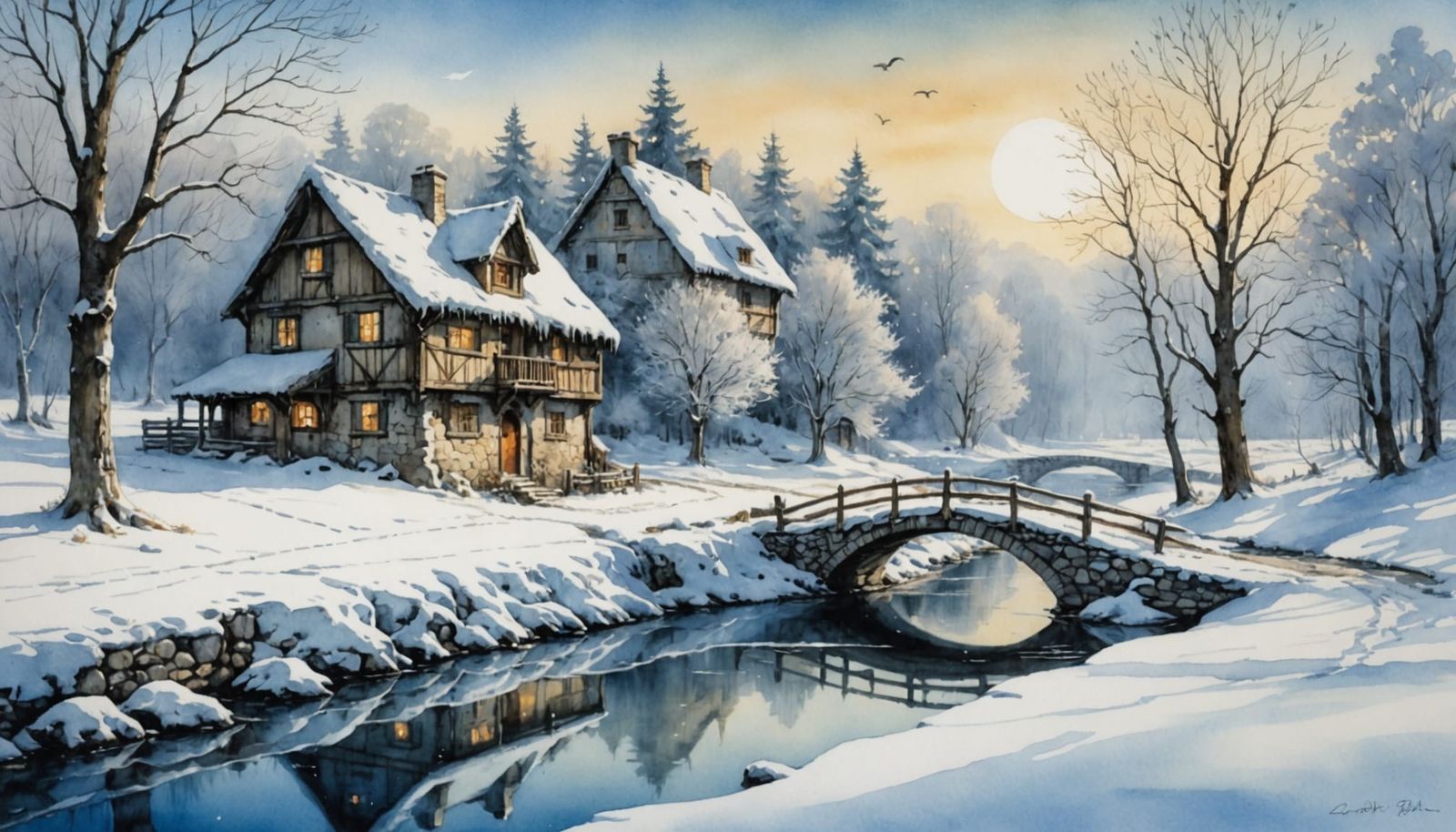 Iced River in Winter Landscape, Watercolor and Ink