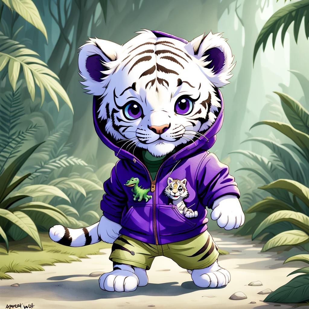 In the captivating image, Askel, the smallest cartoon baby male anthropomorphic Sunda white golden tiger cub, joyfully j...